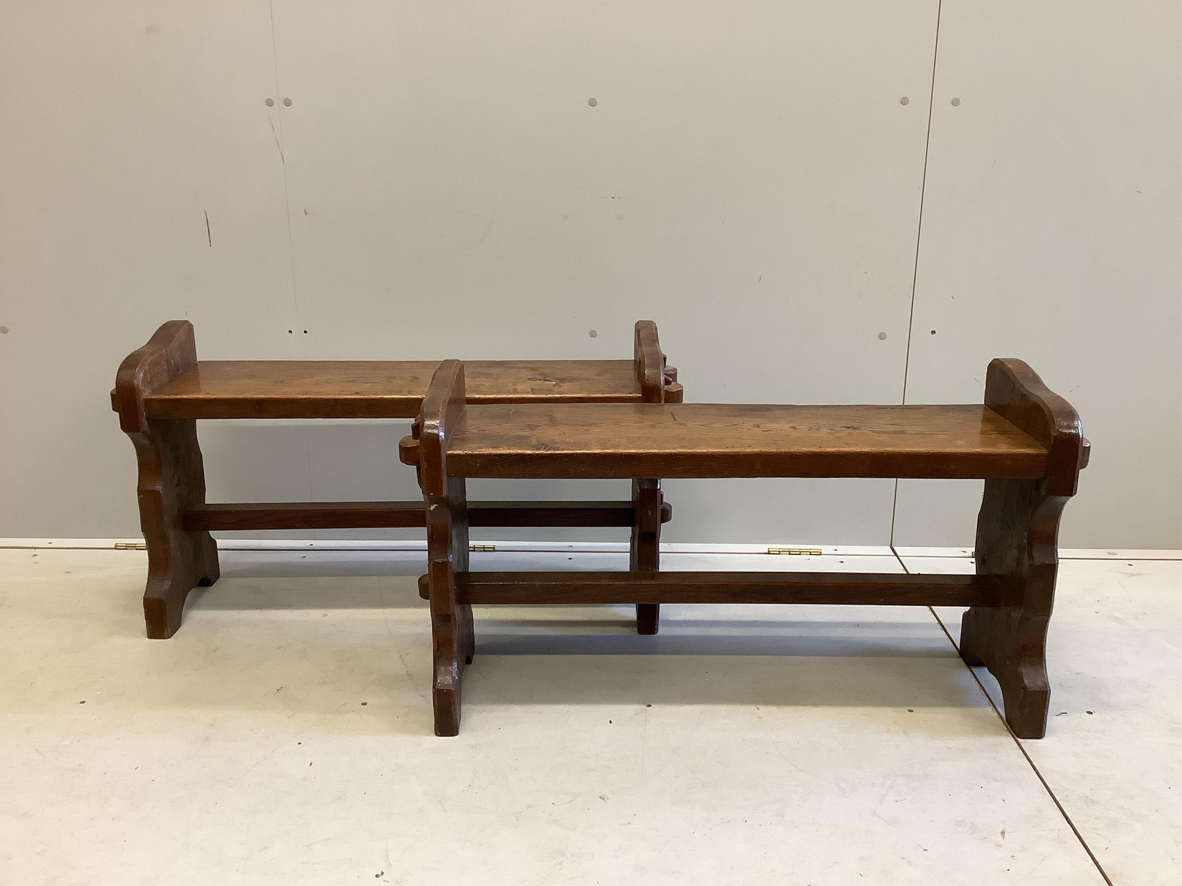 A pair of 18th century style small oak bench seats, width 96cm, depth 25cm, height 51cm